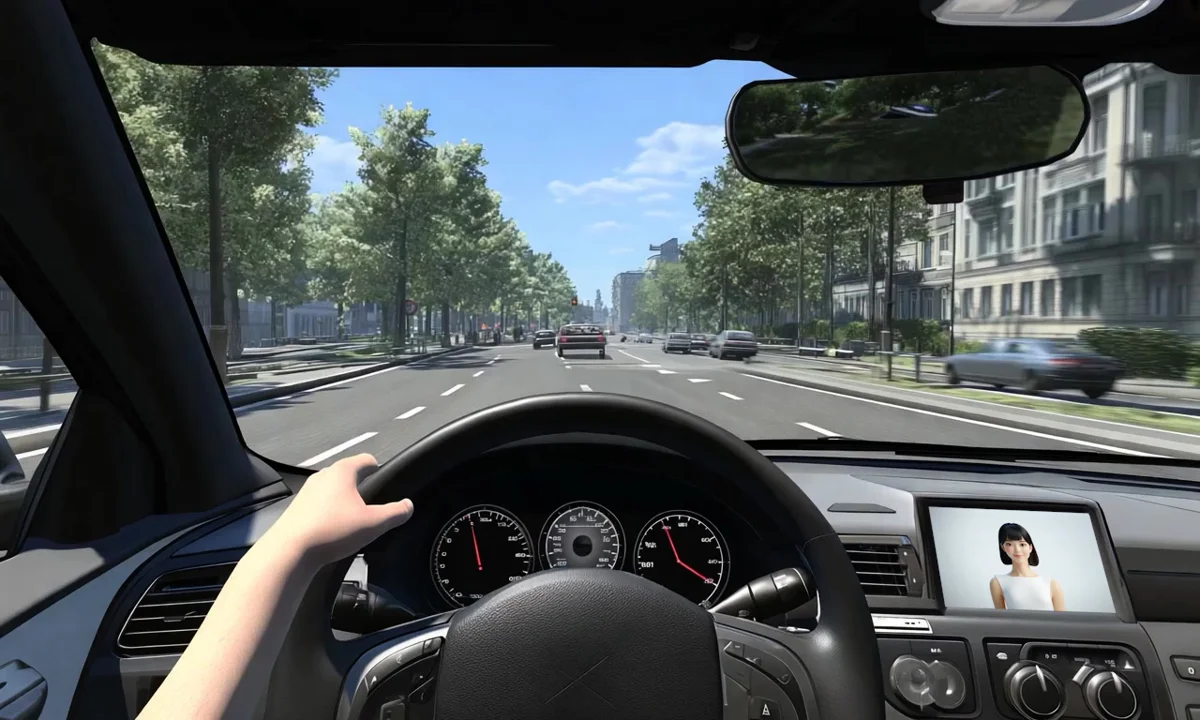 Virtual city driving environment viewed from a simulated vehicle
